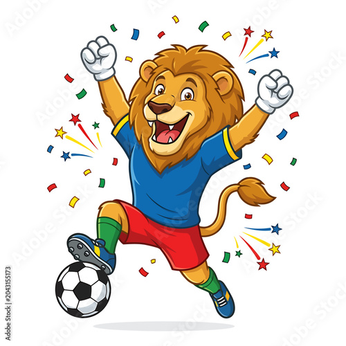 A lion mascot celebrates kicking a ball during the football World Cup.