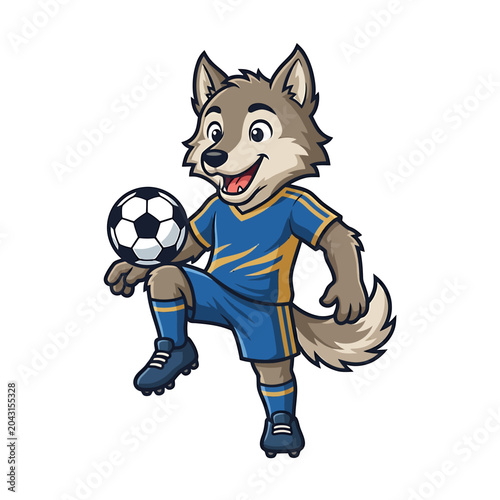 Cartoon wolf in blue uniform plays with soccer ball for World Cup football.