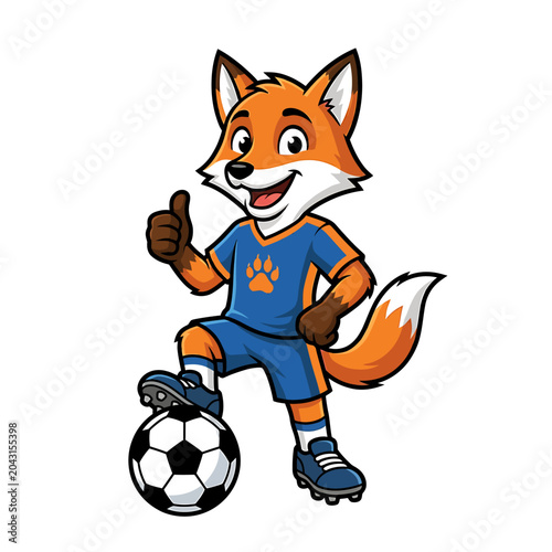 A cartoon fox in a blue soccer uniform kicks a ball for the World Cup football.