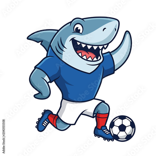 A cartoon shark wearing a blue jersey kicks a soccer ball in a stadium during the world cup football match.
