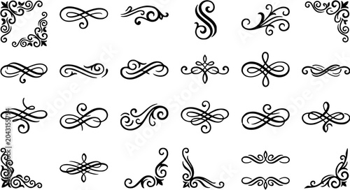 Set of black vintage flourishes and ornate corner calligraphic elements for elegant wedding invitation design