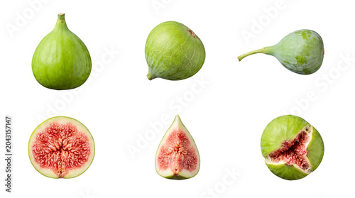 Photos Fresh green figs, both whole and cut open to reveal their vibrant pulp