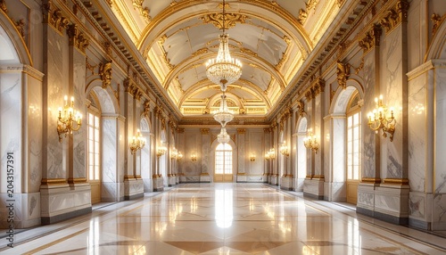 Opulent ballroom with high ceilings, arched windows, ornate gold chandeliers, intricate moldings, polished marble floor reflecting light, luxurious classical architecture emphasizing symmetry, grandeu