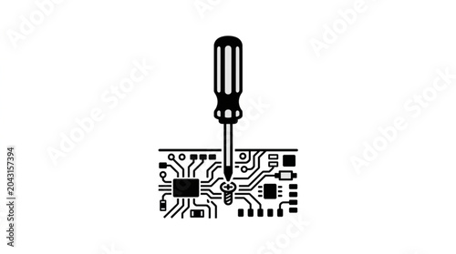 Canvastavla Screwdriver tightening screw on circuit board close up.