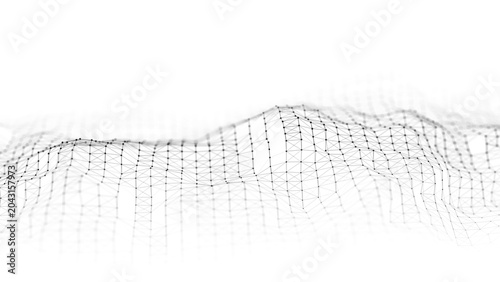 Obraz na płótnie Futuristic abstract network landscape with wireframe mesh and glowing nodes, depth of field on white background, technology data visualization concept for science, innovation, and analytics