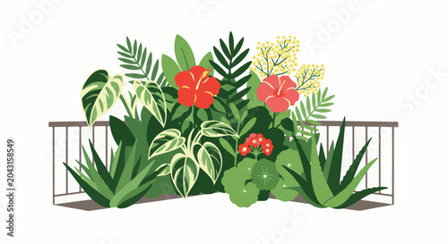 Lush green balcony garden with red hibiscus and yellow flowers