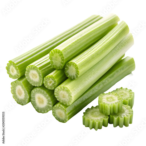 Fresh cut celery stalks isolated on transparent background with sliced pieces