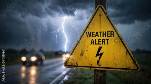 Dramatic weather alert warning sign during thunderstorm with lightning strike and heavy rain on road, representing severe weather danger and storm emergency