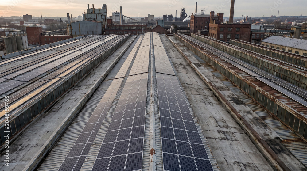 Fototapeta premium Expansive industrial rooftop covered with solar panels reflecting the sky, showcasing renewable energy in an urban