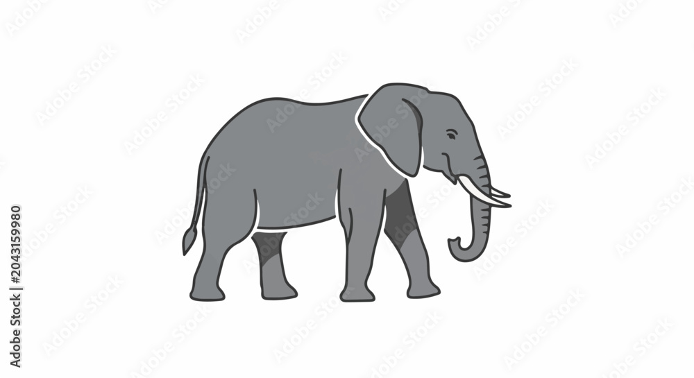Fototapeta premium Stylized gray elephant with a trunk and tusks, depicted in profile