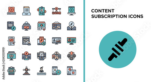 Set of flat line icons for content subscription, paywalls, and premium memberships.