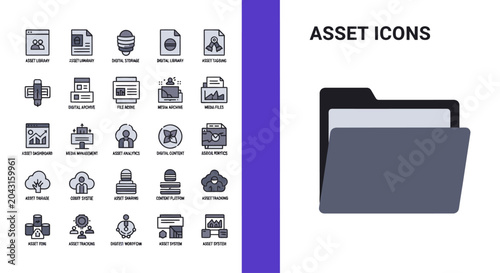 Digital asset management and cloud storage icon set for business file organization