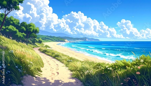 Serene beach pathway to sandy shore.