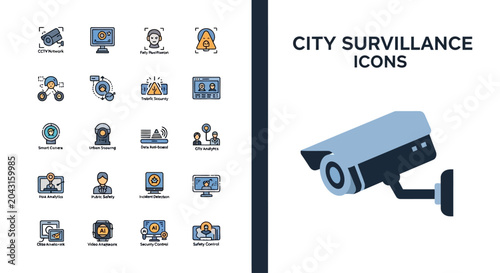 Set of city surveillance icons and security camera system elements