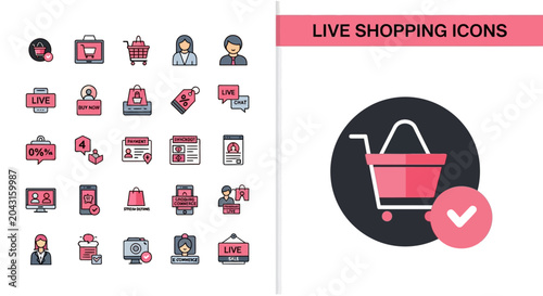 Set of live shopping and e-commerce linear icons for online retail