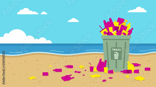Εκτύπωση καμβά Beach pollution with overflowing trash can and scattered plastic waste