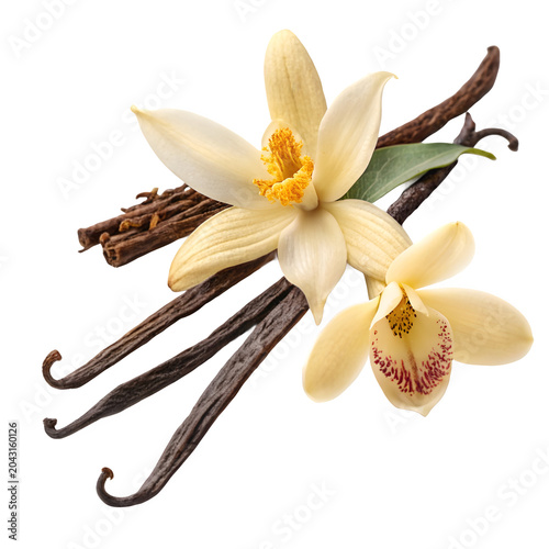 Vanilla beans and flowers on transparent background, isolated botanicals for culinary or fragrance use