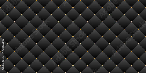 Empty horizontal banner with seamless pattern in the form of luxury upholstery in black fabric with a diamond pattern and fastened with gold studded buttons. Vector banner for VIP presentations