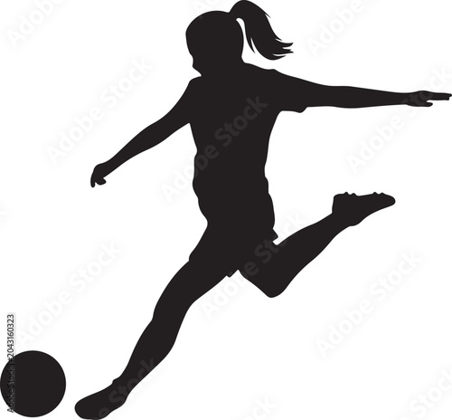 Black silhouette of woman kicking soccer ball