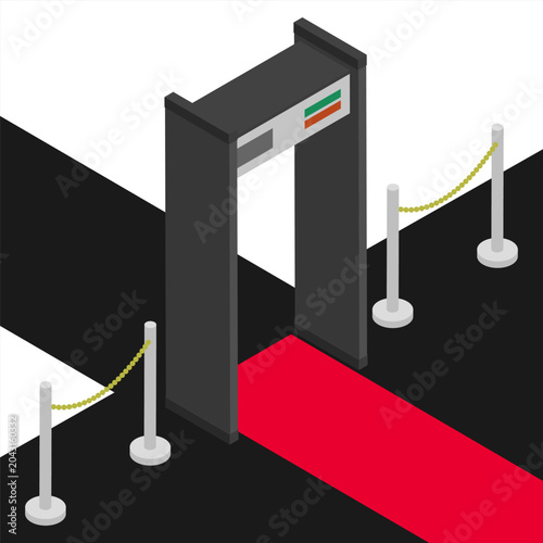 Isometric metal detector frame scanner at the entrance to a respectable event with a red carpet. Isolated cartoon vector on white background top view
