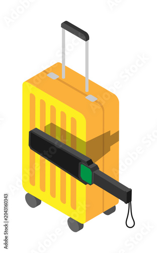Isometric security guard portable handheld scanner scans the contents of a travel suitcase. Isolated cartoon vector on white background top view