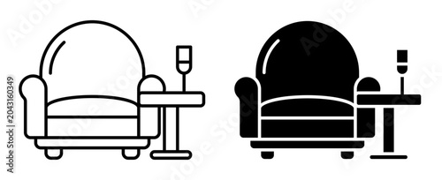 Linear icon. Soft, comfortable chair with a table and a glass of champagne in the airport Lounge area. Simple black and white vector isolated on white background