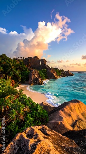 Tropical beach with clear blue water.