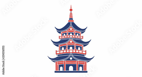 Stylized pagoda with curved roofs and stacked tiers in red and blue