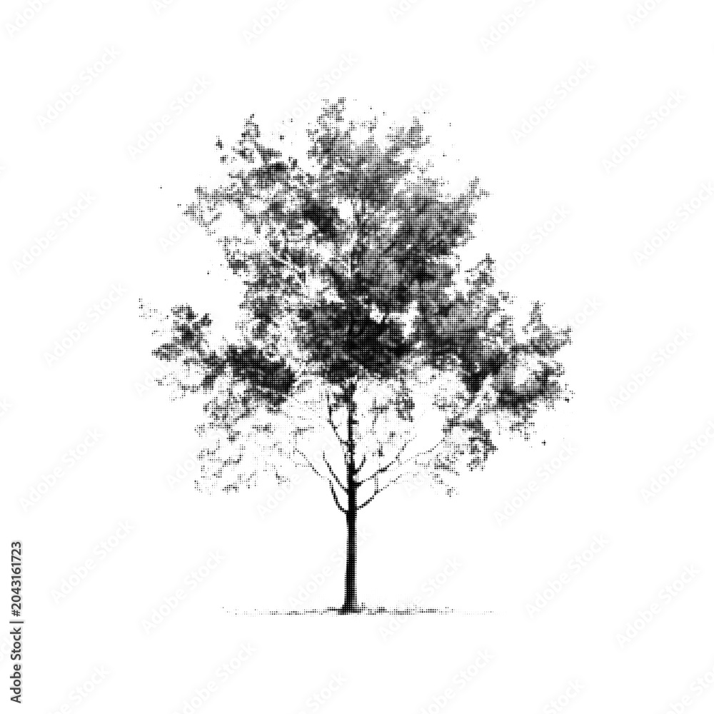 Fototapeta premium Deciduous tree in halftone style. Minimal monochrome nature illustration representing growth, ecology, sustainability, environment and natural landscape.