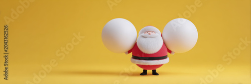 Santa Claus stylized cheerful holding two large white spheres standing on yellow background festive holiday minimal playful winter Christmas