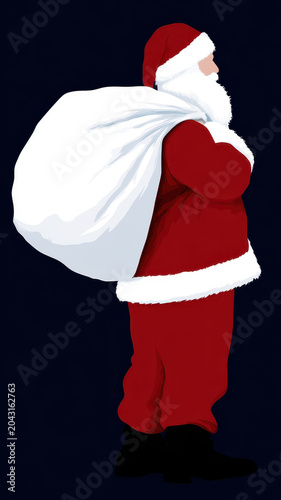 Santa Claus red suit white beard carrying large sack standing side view festive Christmas winter holiday cheerful mood. Santa Claus red suit with white beard carrying large sack standing side view