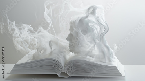 Creative smoke emanating from an open book featuring an abstract face