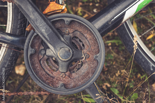 Rusty bicycle crank rests in tall grass, capturing the essence of forgotten adventures in the afternoon light of a tranquil park