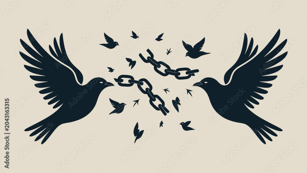 Obraz premium Breaking Chains with Flying Birds Vector Illustration for Juneteenth Concept