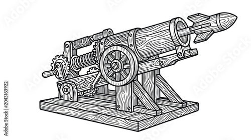 фотографія Vintage Rocket Launcher, Wood Cannon, Retro Weapon, Military Invention