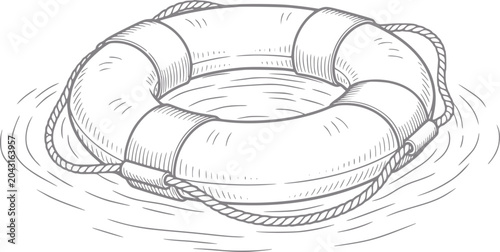 Quadro em tela Hand-drawn life preserver ring floating on rippling water, safety equipment