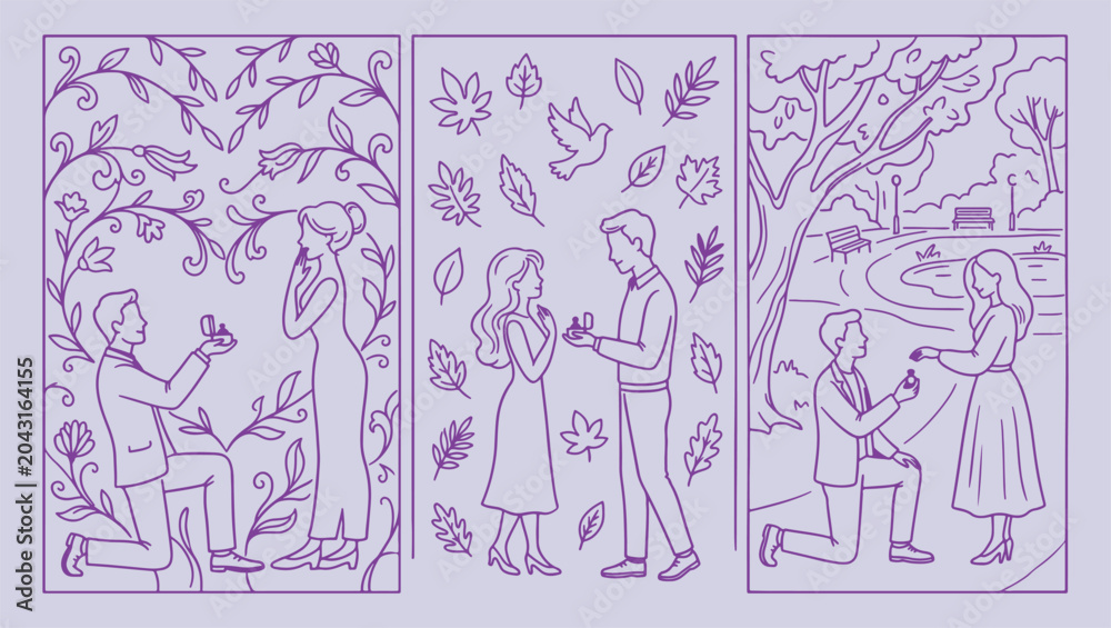 Fototapeta premium Couple engagement romantic proposal, minimalist love sketch, clean wedding illustration, modern relationship design, isolated couple vector, premium romantic wallpaper, sweet proposal print couple, en