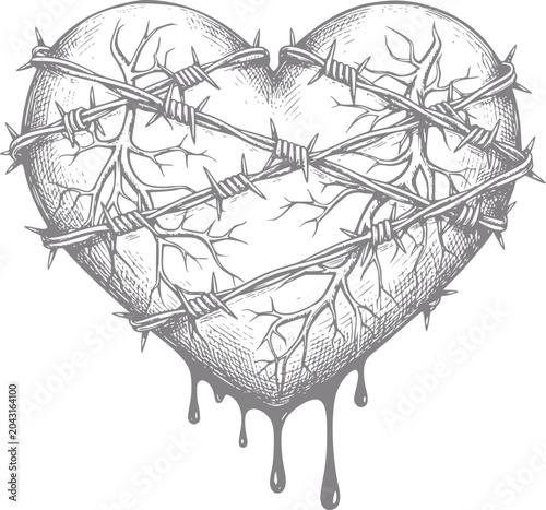 Foto Barbed wire heart with dripping symbolizing pain and suffering
