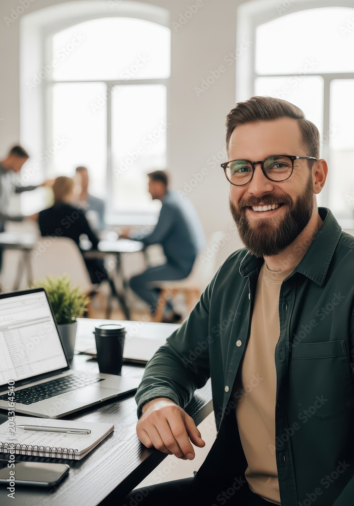 Fototapeta premium Portrait of a Smiling Professional Businessman Working in a Modern Bright Office with Colleagues in the Background