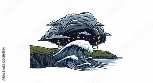 Crashing waves under a stormy sky with lightning over a coastal landscape