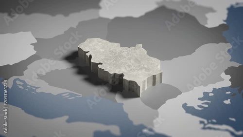 World map animation Birds eye view above Serbia, Serb, Serbian, Belgrade, Europe, with highlighted country borders. Cinematic 3d world map animation highlights aerial views, 4k Video