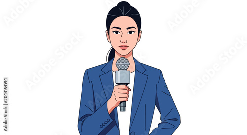 Quadro su tela Professional Asian female reporter holding a microphone illustration