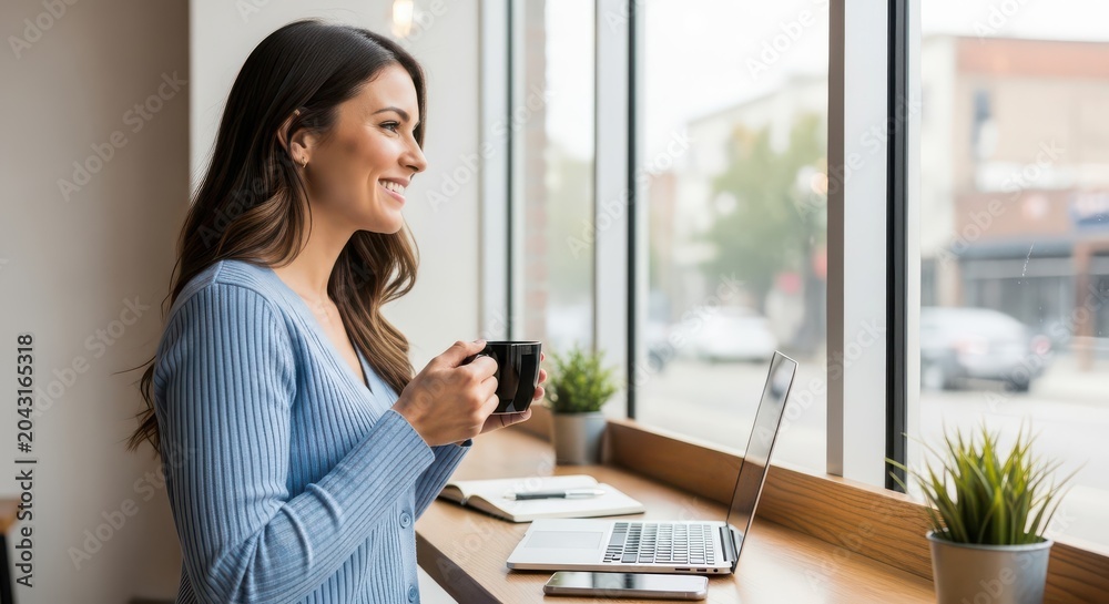 Obraz premium Smiling Young Woman Working Remotely on Laptop in a Bright Modern Cafe While Enjoying a Cup of Coffee