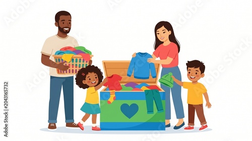 Happy multiethnic family with father and mother and two children sorting colorful clothes into a large wooden storage chest for donation on white background