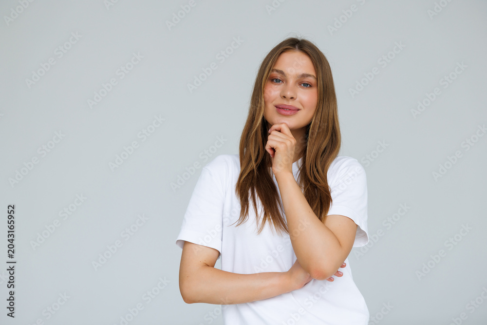 Fototapeta premium Focused smart girl look touch hand chin think decide on white background