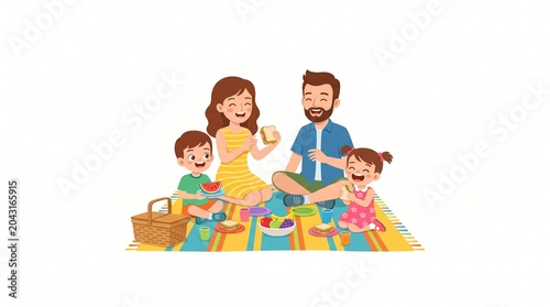 A happy young family with a father mother and two small children eating healthy snacks and fresh fruit during a fun outdoor park picnic illustration rendered with vibrant colors on white background