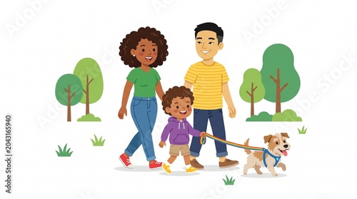 A happy diverse family consisting of a mother a father and their young child walking their cute pet dog while wearing casual clothing during a sunny stroll in the park on white background.