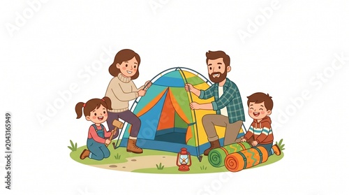 Happy young family with a father mother and two children setting up a colorful tent for a fun camping trip outdoors in the summer season with cute cartoon artistic style on white background
