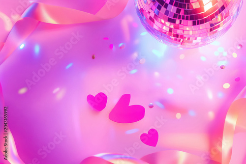 Cute girly background of a disco ball, ribbons and confetti in coquette style