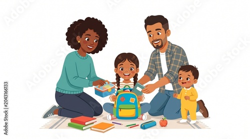 A happy diverse family helping their young daughter prepare her colorful school backpack with books and supplies for the new academic year on white background